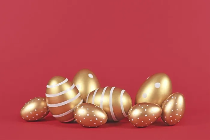Framed Print : Golden Easter Eggs Print with Red Background