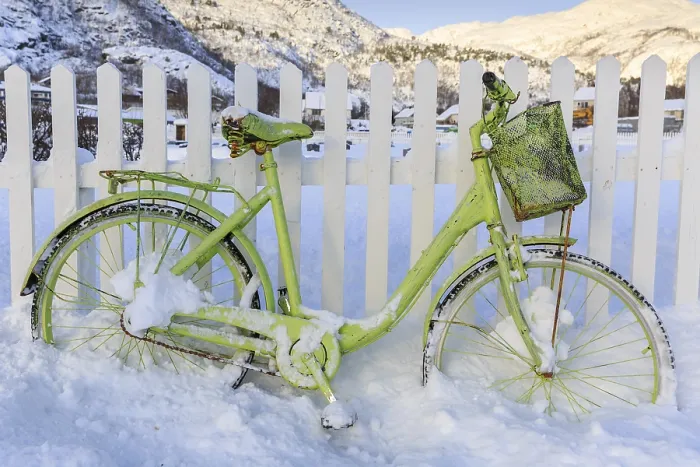 Framed Print : Green Bicycle in the Snow Print, Lodingen Norway Framed Print : Green Bicycle in the Snow Print, Lodingen Norway