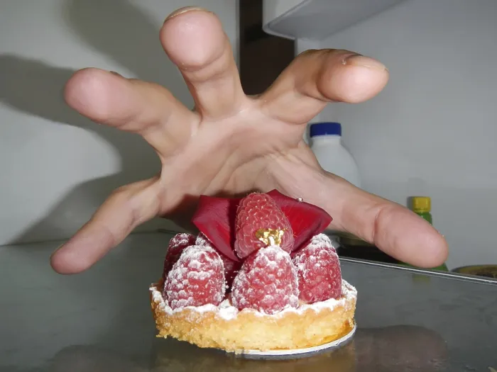 Framed Print : Hand Taking a Raspberry Cake from the Fridge Print Framed Print : Hand Taking a Raspberry Cake from the Fridge Print