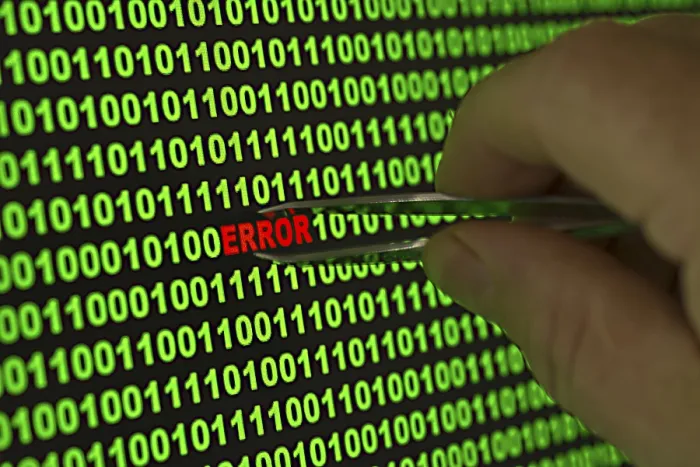 Framed Print : Binary Code Print: Hand Reaches for Error with Tweezers Framed Print : Binary Code Print: Hand Reaches for Error with Tweezers