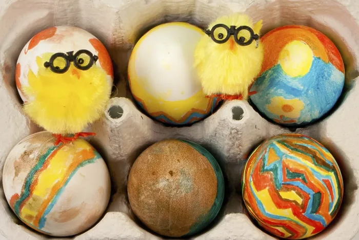 Framed Print : Handmade Painted Easter Eggs in Eggshelf with Yellow Chick Print Framed Print : Handmade Painted Easter Eggs in Eggshelf with Yellow Chick Print