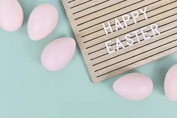 Framed Print : Happy Easter Text on Letter Board with Easter Eggs Print Framed Print : Happy Easter Text on Letter Board with Easter Eggs Print