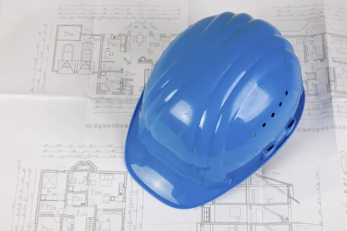 Framed Print : Hard Hat on Construction Plan Print, Germany Framed Print : Hard Hat on Construction Plan Print, Germany