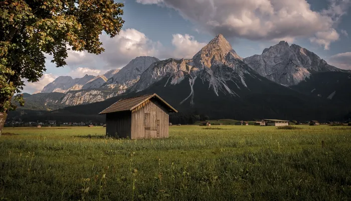 Framed Print : Haystack, hut in a meadow, Sonnenspitze at the back Print Framed Print : Haystack, hut in a meadow, Sonnenspitze at the back Print
