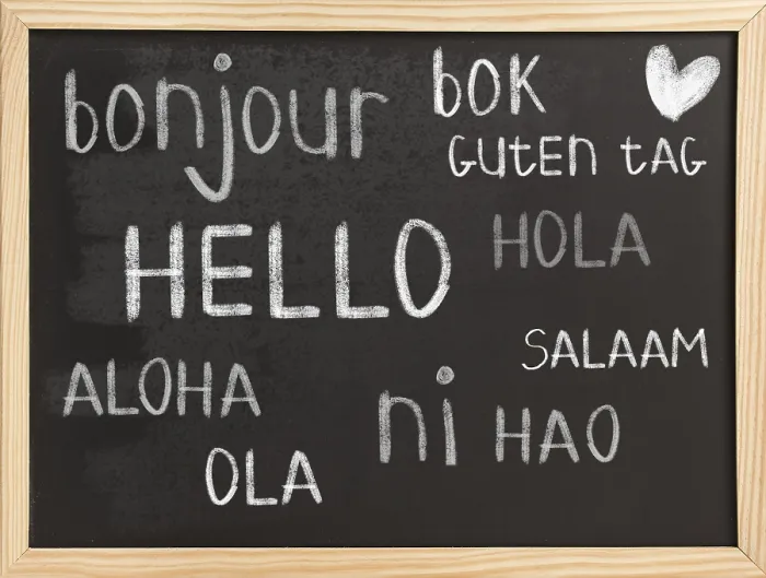 Framed Print : Hello in Different Languages Print on Chalkboard Background Framed Print : Hello in Different Languages Print on Chalkboard Background