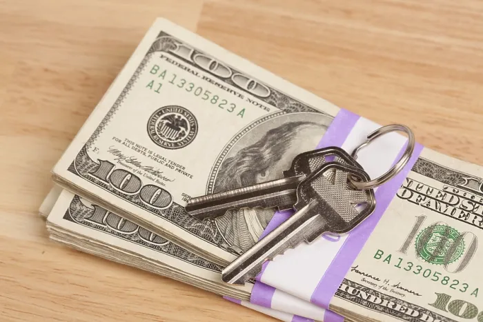 Framed Print : House Keys on Stack of Money Print - Cash for Keys Program Framed Print : House Keys on Stack of Money Print - Cash for Keys Program