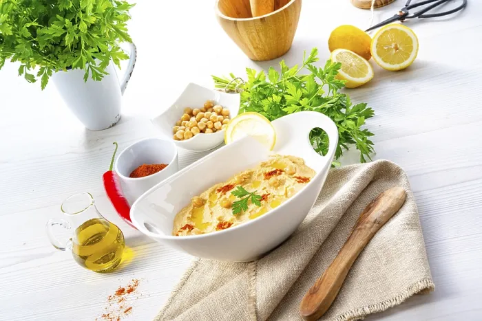 Framed Print : Hummus Print with Lemon and Chilli on White Background