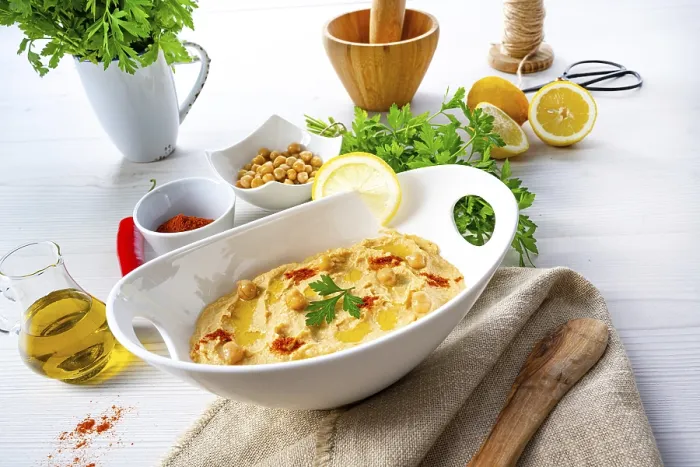 Framed Print : Hummus Paste Print with Lemon and Chilli on White Background Framed Print : Hummus Paste Print with Lemon and Chilli on White Background
