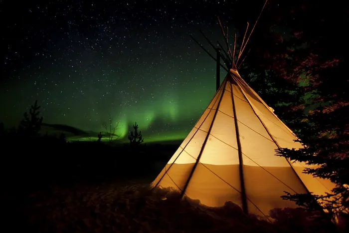 Framed Print : Northern Lights Illuminated Teepee Print Framed Print : Northern Lights Illuminated Teepee Print