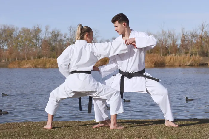 Framed Print : Karate Experts Practice Combat Techniques by a Tranquil Lake Print