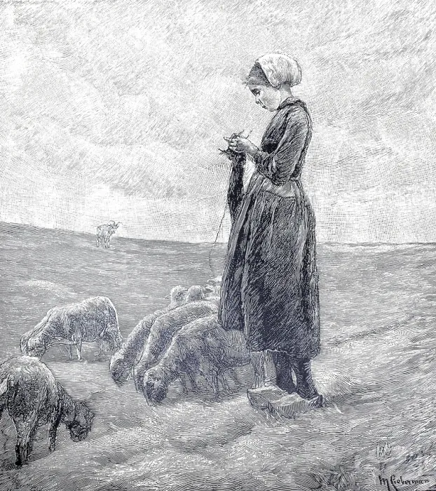 Framed Print : Knitting Shepherds with their Flock, 1880 Print, Holland