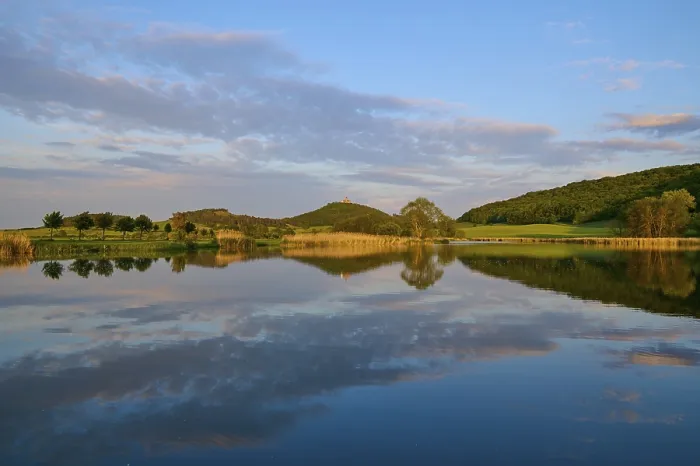 Framed Print : Lake with Reflection in Spring with Castle at Sunset Print, Germany Framed Print : Lake with Reflection in Spring with Castle at Sunset Print, Germany