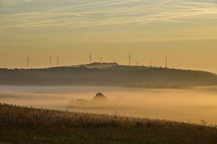 Framed Print : Landscape Print: Wind Turbines at Sunrise, Hohefeld, Germany