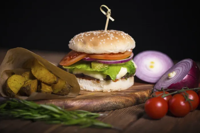 Framed Print : Large Appetizing Burger Print with Beef, Potatoes and Cheese Framed Print : Large Appetizing Burger Print with Beef, Potatoes and Cheese
