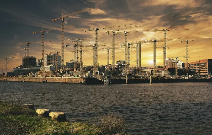 Framed Print : Large Construction Site at Sunset, Hamburg, Germany Print