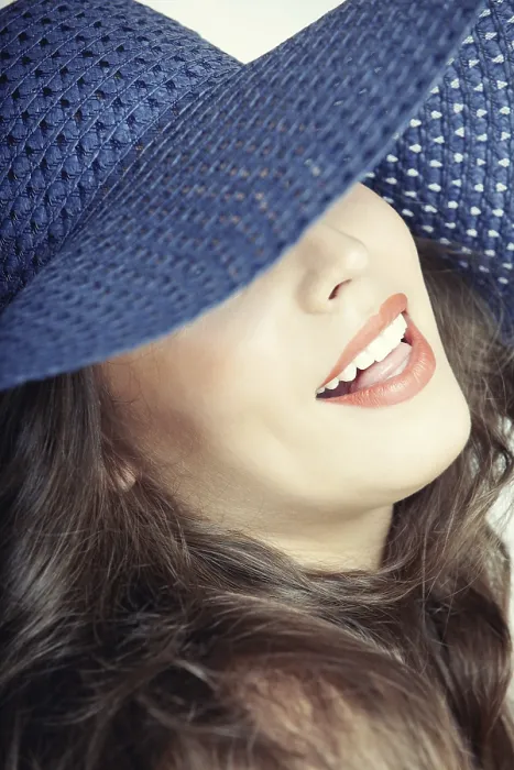 Framed Print : Laughing Lady with Blue Hat Studio Print
