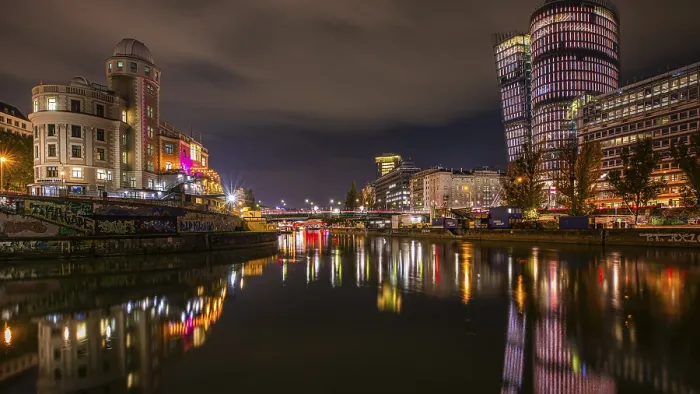 Framed Print : Lights Reflected in Danube Canal Print, Vienna, Austria Framed Print : Lights Reflected in Danube Canal Print, Vienna, Austria