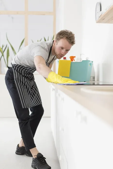 Framed Print : Low Angle Man Cleaning Kitchen Print Framed Print : Low Angle Man Cleaning Kitchen Print