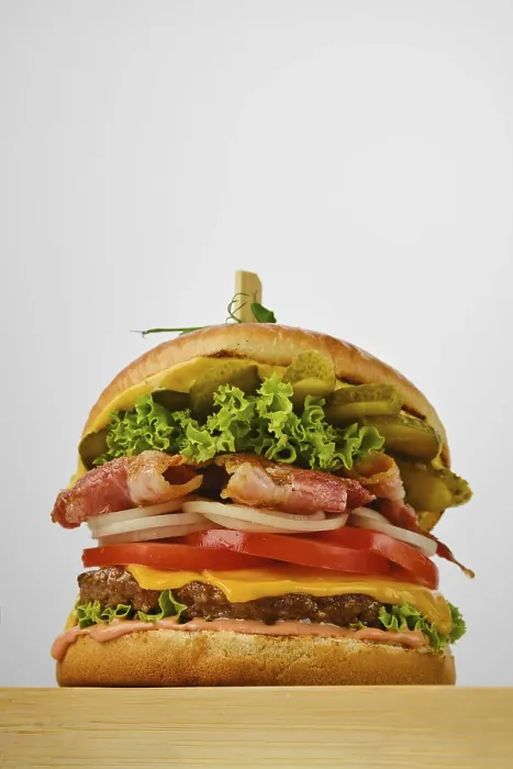 Framed Print : Low Angle View of Beef Burger with Bacon Print