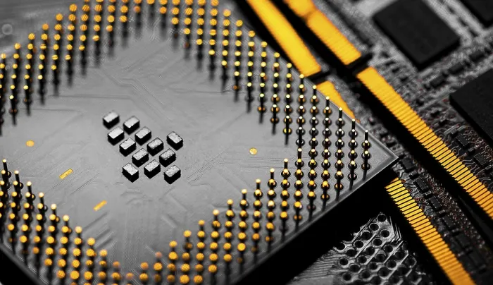 Framed Print : Macro Close-up Print of RAM Memory and CPU Pins