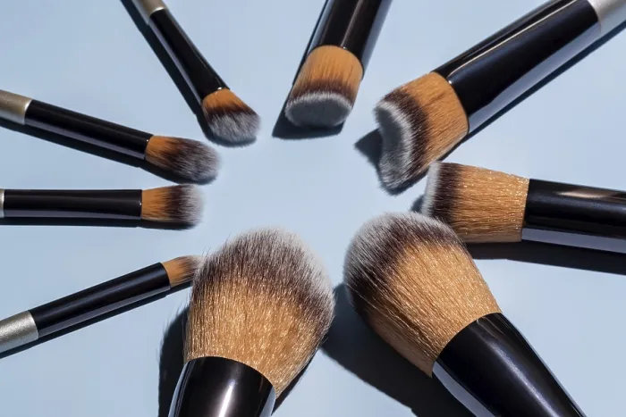 Framed Print : Makeup Brushes Print on Blue Background Framed Print : Makeup Brushes Print on Blue Background