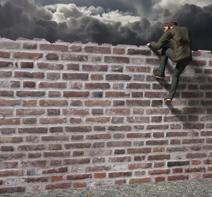 Framed Print : Computer Graphic Print: Man Climbing Over a Wall Framed Print : Computer Graphic Print: Man Climbing Over a Wall