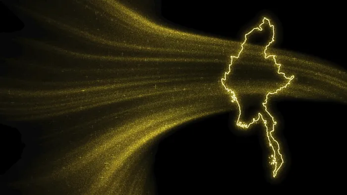 Framed Print : Myanmar Gold Glitter Map Print on Dark Background Framed Print : Myanmar Gold Glitter Map Print on Dark Background