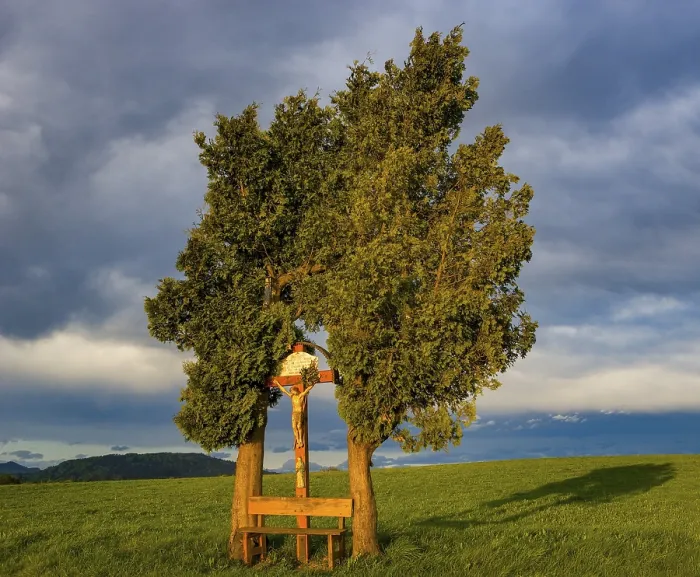 Framed Print : Martyrdom with bench between trees Print, Pöndorf, Austria
