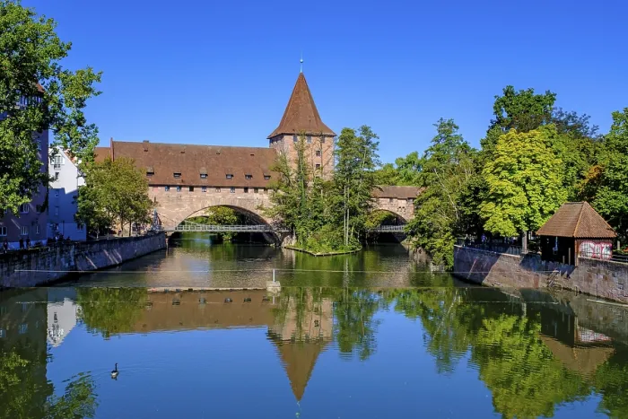 Framed Print : Nuremberg Print: Maxbrucke to Schlayer Tower on Pegnitz