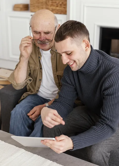 Framed Print : Medium Shot Men Looking at Tablet Print Framed Print : Medium Shot Men Looking at Tablet Print