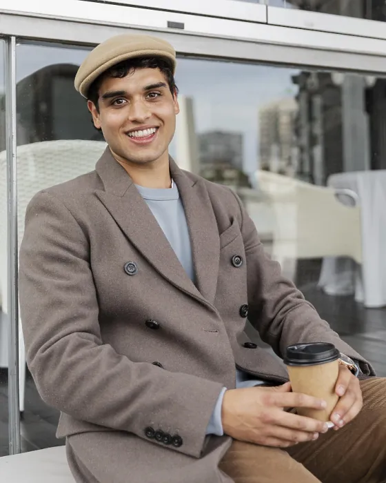 Framed Print : Medium Shot Print of Smiling Man with Coffee Framed Print : Medium Shot Print of Smiling Man with Coffee