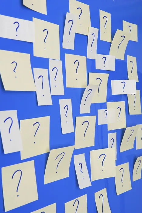 Framed Print : Print of Memo Sheets on Wall with Question Marks