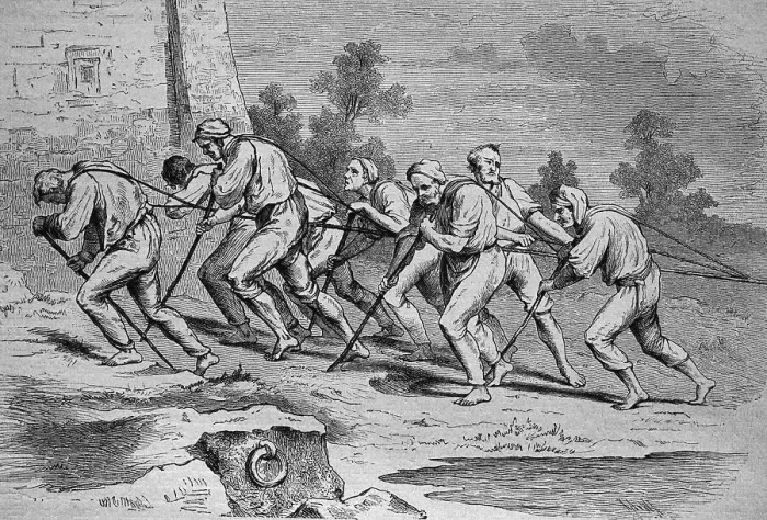 Framed Print : Men pulling a ship on the Treidelweg path, wood engraving Print, 1880 Framed Print : Men pulling a ship on the Treidelweg path, wood engraving Print, 1880