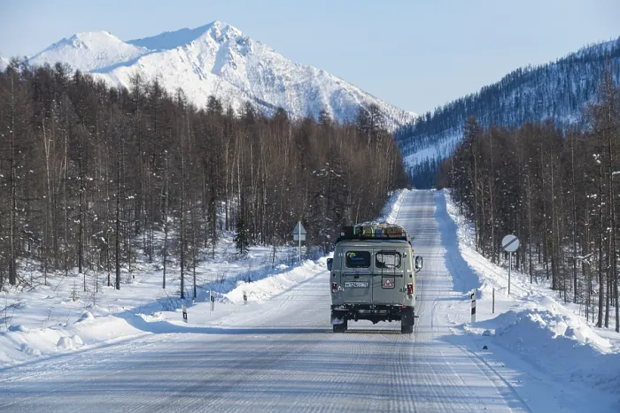 Framed Print : Minivan driving on the Road of Bones Print, Russia Framed Print : Minivan driving on the Road of Bones Print, Russia