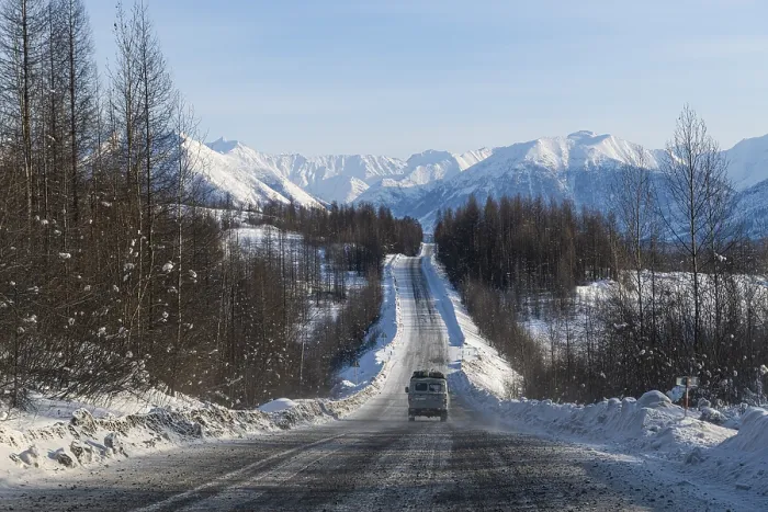 Framed Print : Minivan driving on the Road of Bones Print, Russia Framed Print : Minivan driving on the Road of Bones Print, Russia