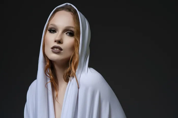 Framed Print : Model in White Hooded Garment Print Framed Print : Model in White Hooded Garment Print
