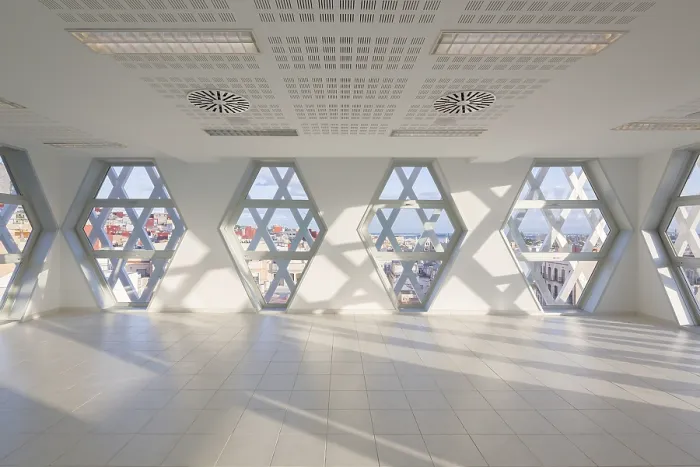 Framed Print : A Modern Auditorium Room Print Featuring Hexagonal Windows Framed Print : A Modern Auditorium Room Print Featuring Hexagonal Windows