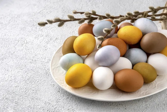 Framed Print : Modern Natural Dyed Easter Eggs Print on Grey Concrete Background Framed Print : Modern Natural Dyed Easter Eggs Print on Grey Concrete Background