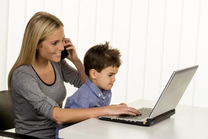 Framed Print : Mother and Son at the Computer Print, Working from Home Dilemma Framed Print : Mother and Son at the Computer Print, Working from Home Dilemma
