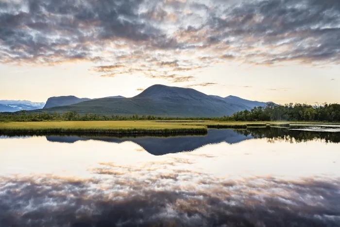 Framed Print : Mountains reflected in small lake, Print