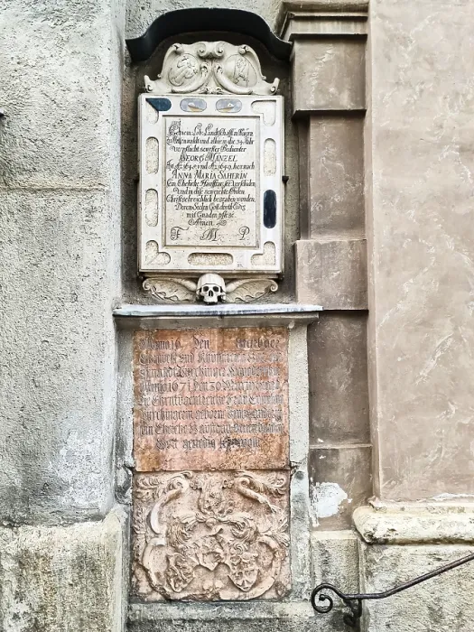 Framed Print : Munich Print: Historic Building Facade with Epitaph and Skull Relief Framed Print : Munich Print: Historic Building Facade with Epitaph and Skull Relief