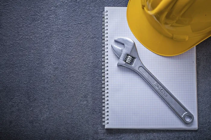 Framed Print : Construction Print: Notebook Hard Hat Adjustable Wrench Framed Print : Construction Print: Notebook Hard Hat Adjustable Wrench