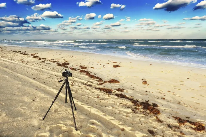 Framed Print : Old Camera on Sandy Beach Print