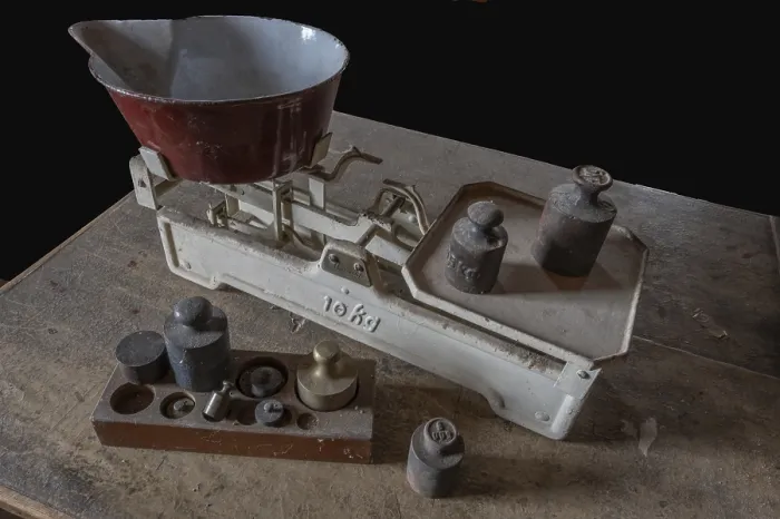 Framed Print : Old Scales with Weights in a Former Corn Mill Print, Bavaria