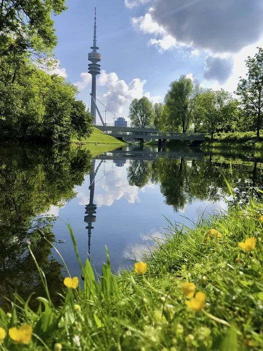 Framed Print : Olympic Tower reflected in the lake Print, Munich, Germany Framed Print : Olympic Tower reflected in the lake Print, Munich, Germany