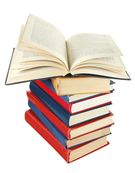 Framed Print : Open Book Print on Stack of Books Isolated White Background