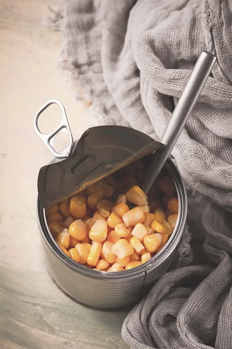 Framed Print : Open Tin Can with Corn Print, Close-up