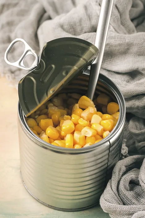 Framed Print : Open Tin Can with Corn Print, Top View