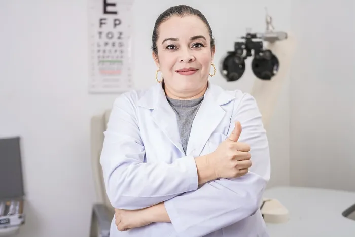 Framed Print : Optometrist Specialist Print with Thumb Up