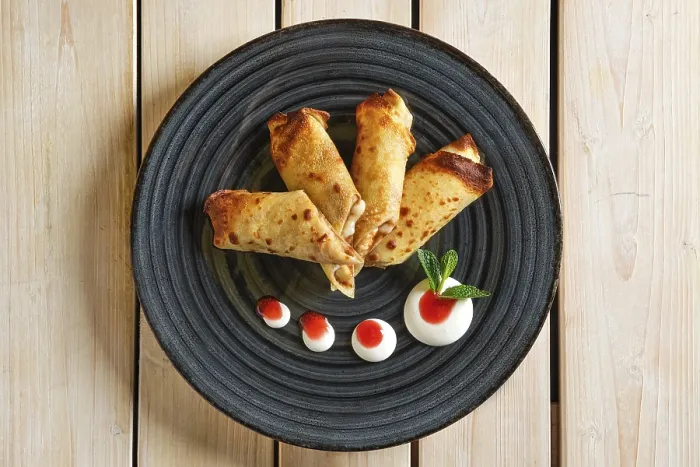 Framed Print : Overhead View of Thin Pancakes with Fruit Stuffing Print